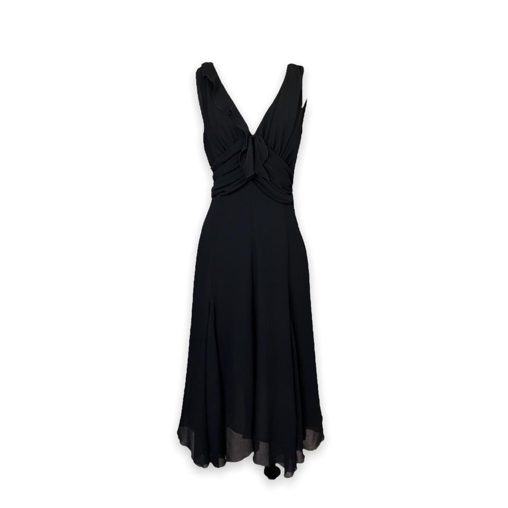 Vintage Sisley Black Chiffon Dress Flowy V Neck Ruffle